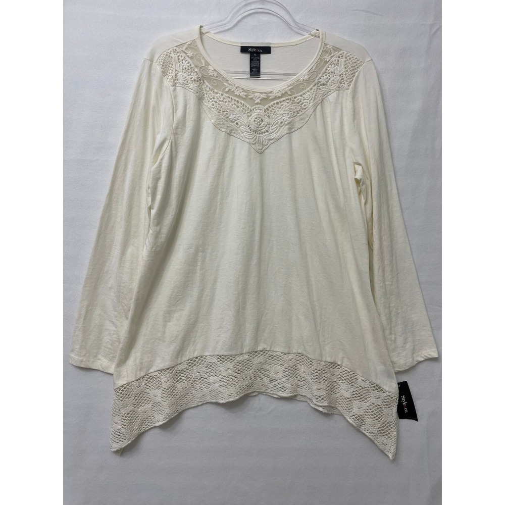 New Style & Co Crochet Lace Tunic XL Ivory Long Sleeve Shark-bite Hem Stretch